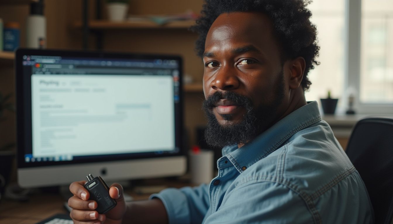 A middle-aged man examines a Ledger Nano X wallet in a cluttered workspace with a computer displaying a phishing warning. Male office worker holding a USB flash drive in front of a computer monitor, with a blurred workspace background.