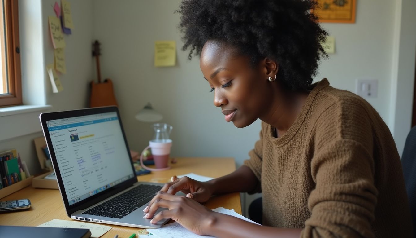 A woman types on a laptop at a cluttered desk, focused on her handwritten notes and reminders. African American woman working on laptop at home, checking her email with focus and concentration. Modern home office setup, natural light, cozy and organized workspace.