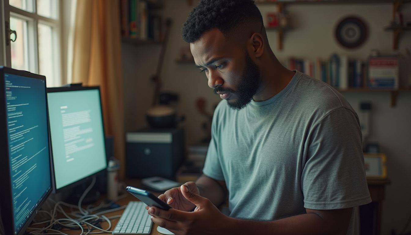 A concerned man stands in a cluttered room, checking his phone while facing computer warning messages. Coding enthusiast working on software development at home office computer setup. Man focused on mobile device surrounded by dual monitors, bookshelves, and tech gadgets, illustrating a geek lifestyle.