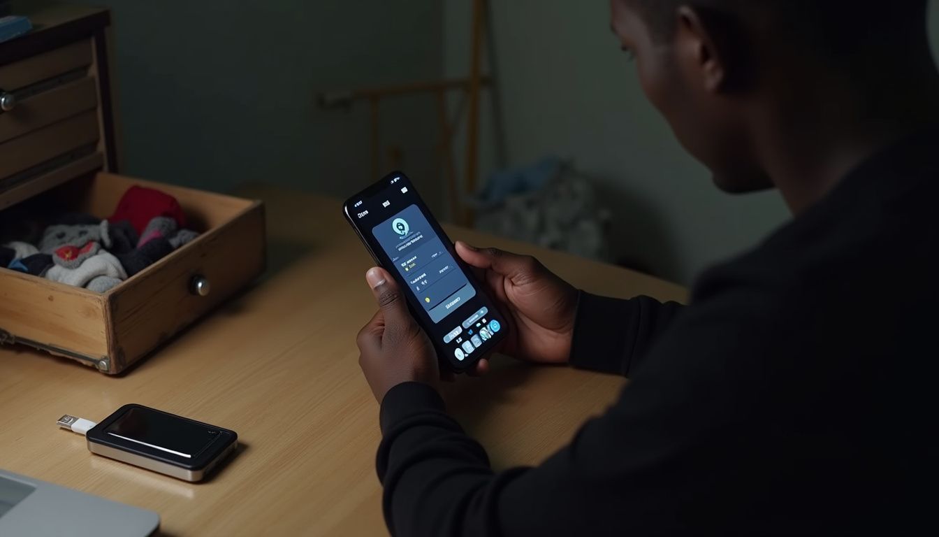 A person casually checks a cryptocurrency wallet app at a cluttered desk with a hardware wallet nearby. User-specific control app on smartphone, smart home security feature, modern technology device for home automation, geek tech innovation, remote security system management.
