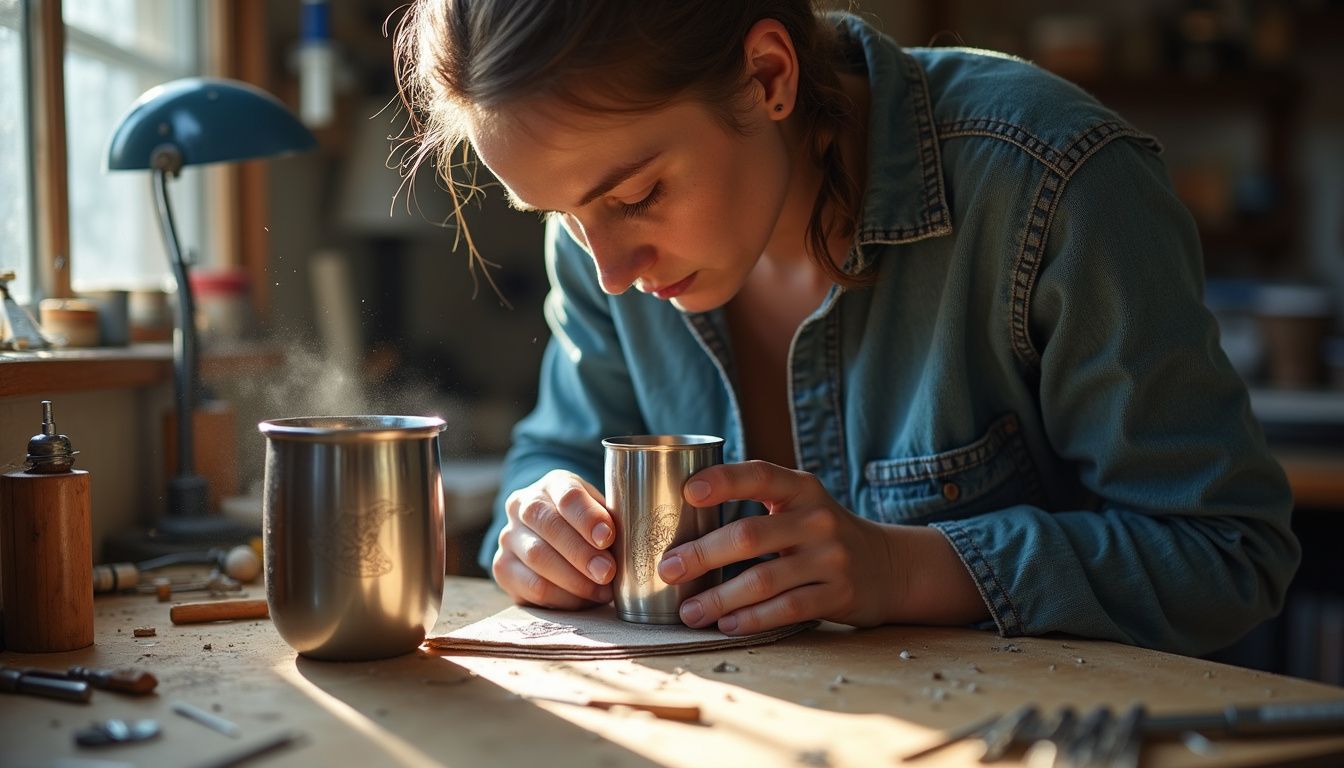 How To Make Money With A Laser Engraver - 2026 Guide 3 Handcrafted stainless steel cup for coffee or tea on a woodworking workbench with tools, emphasizing artisanal craftsmanship and quality materials.