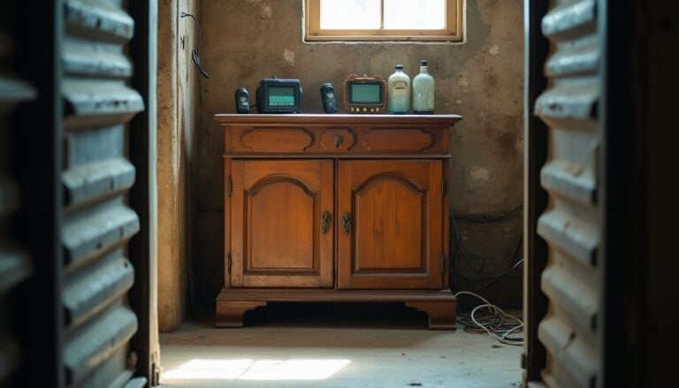 Vintage wooden cabinet with old electronic devices and glass bottles placed on top, set in a rustic room with natural light from a window.
