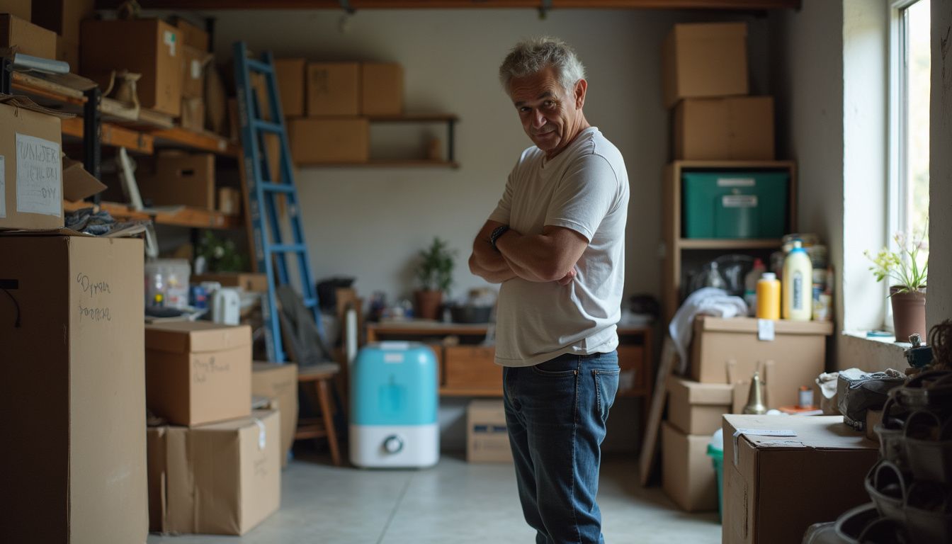 A casual snapshot of a cluttered storage unit with a relaxed person nearby amidst everyday items and a humidifier. Storage room organization with a man standing among packed cardboard boxes and shelves filled with items for moving or storage.