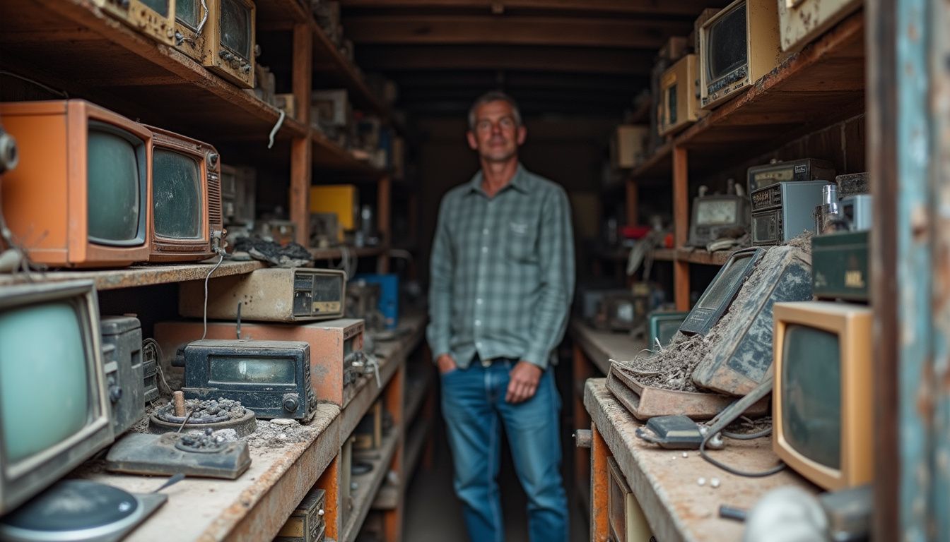 A casual snapshot of a cluttered storage unit filled with old collectibles and electronics, featuring a relaxed person. Old vintage electronics collection with dusty TVs and radios in a storage warehouse, showcasing retro technology and collectibles for electronics enthusiasts and nostalgia lovers.