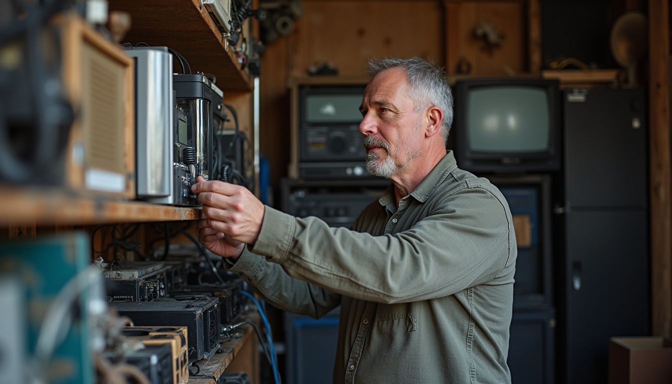 A mid-40s man adjusts a climate control system in a cluttered storage unit filled with old gaming consoles and furniture. Electrical technician repairing audio equipment on workbench at home or studio.