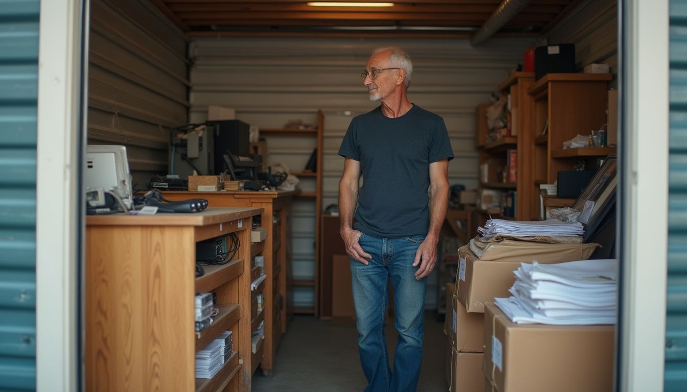 A middle-aged man casually stands among cluttered wooden furniture and electronics in a storage unit, appearing relaxed and unposed. Storage unit with organized papers and office supplies, older man examining documents indoors, cluttered workspace with wooden shelves, office equipment, and files, interior of a personal or small business storage area, casual work environment for administrative or creative tasks.