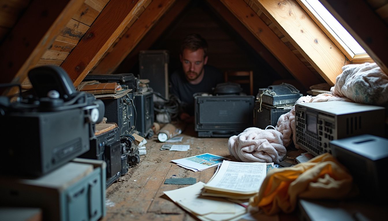 A cluttered attic corner filled with old electronics and papers, featuring a casually posed person in the background. Unused electronic equipment and wires scattered in an attic workspace.