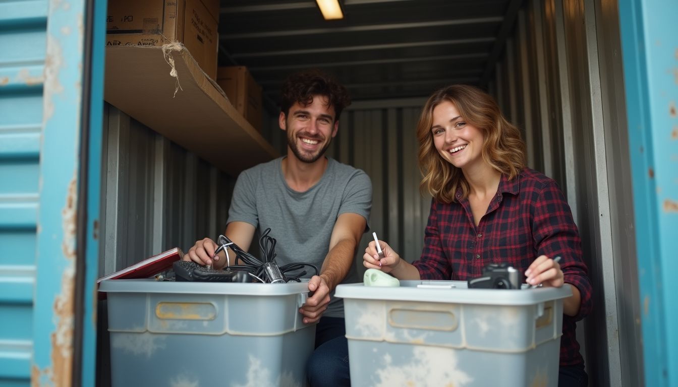 A man and woman organize old tech, comics, and cosplay items in a cluttered storage unit. Freezer storage of electronic gadgets and collectibles, with smiling young man and woman organizing tech items in storage bins, representing tech organization and DIY storage solutions.
