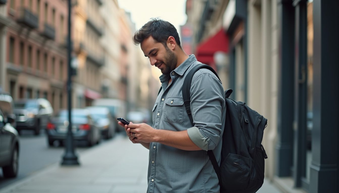 A casually dressed man in his 30s stands on a city sidewalk, looking down at his phone. Young man using smartphone while walking on city street with backpack on his back.