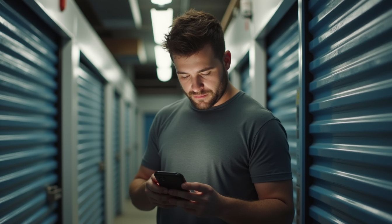 A casually dressed man in his thirties checks his smartphone inside a lived-in storage unit filled with gadgets. Wireless technology enthusiast using a smartphone in a data center or server room with storage units.