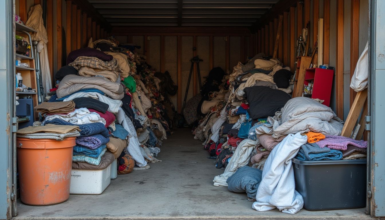A cluttered storage unit holds a mix of vintage cosplay outfits, everyday items, and various fabrics casually stacked. Cluttered garage storage with piles of folded and unfolded laundry, blankets, and household items for organization and decluttering inspiration.