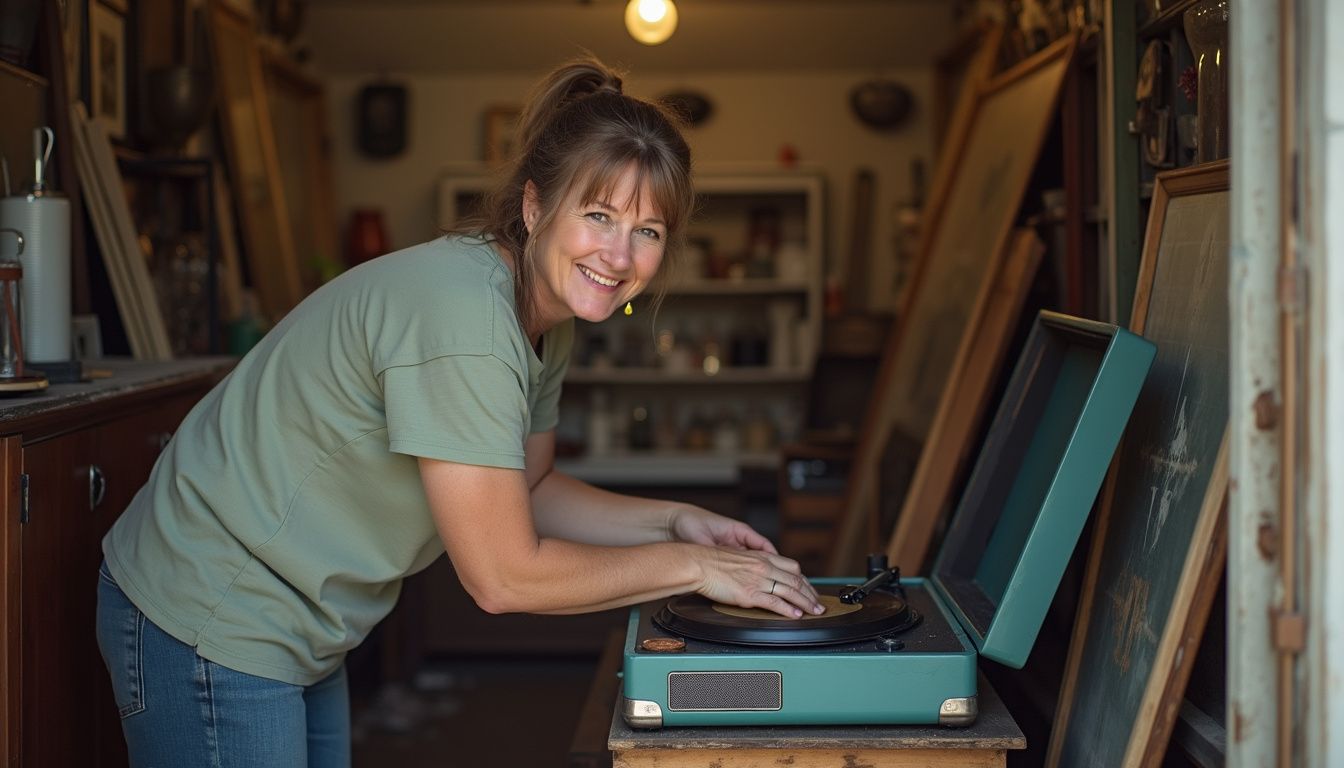 A woman in her 40s carefully places a vintage record player into a cluttered storage unit filled with various items. Vintage record player, woman enjoying music, retro entertainment, listening to vinyl, cozy home music setup, geekextreme relevance.