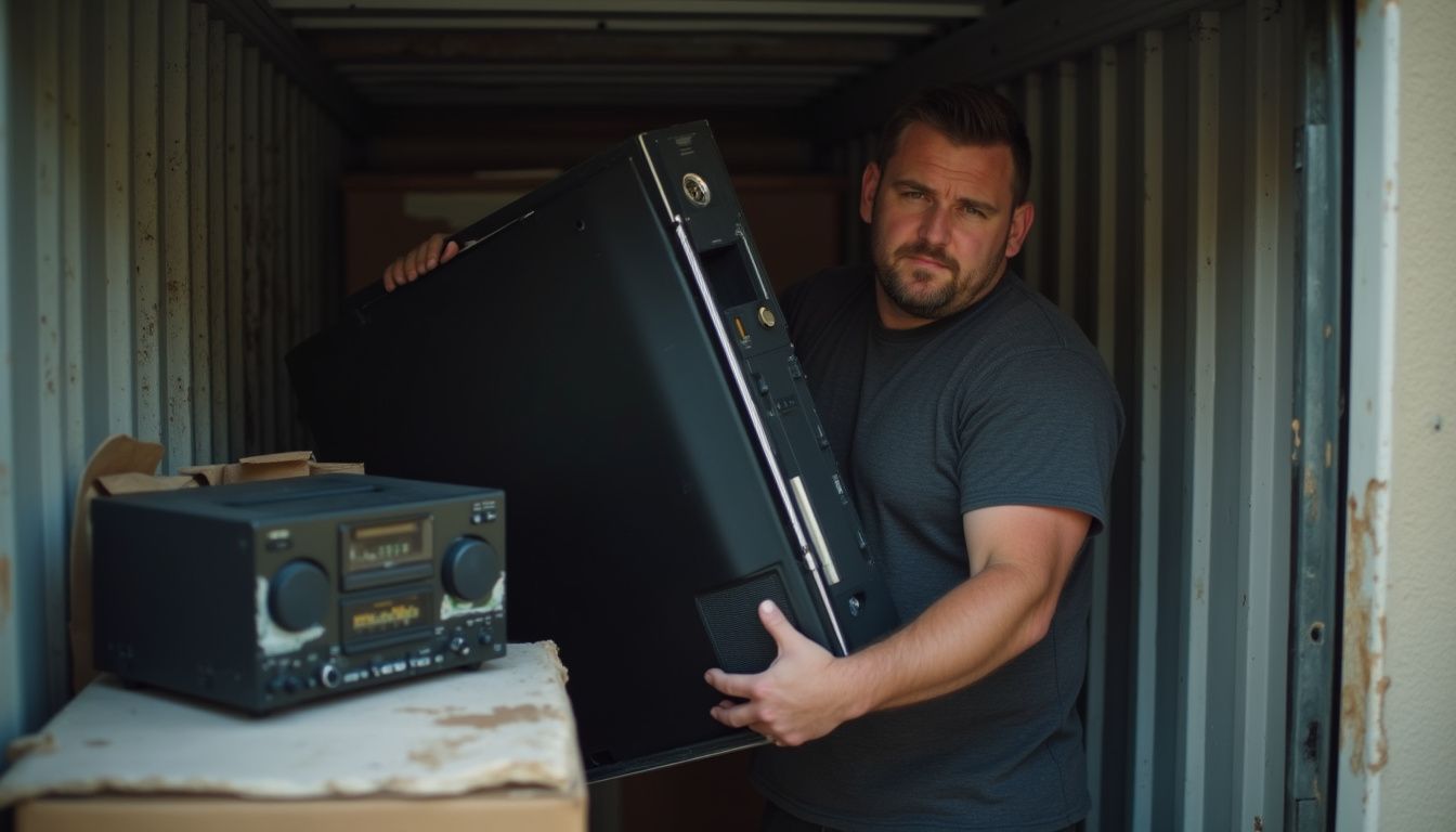 A casually dressed man in his 30s is loading a TV and gaming console into a cluttered storage unit. A casually dressed man in his 30s is loading a TV and gaming console into a cluttered storage unit.