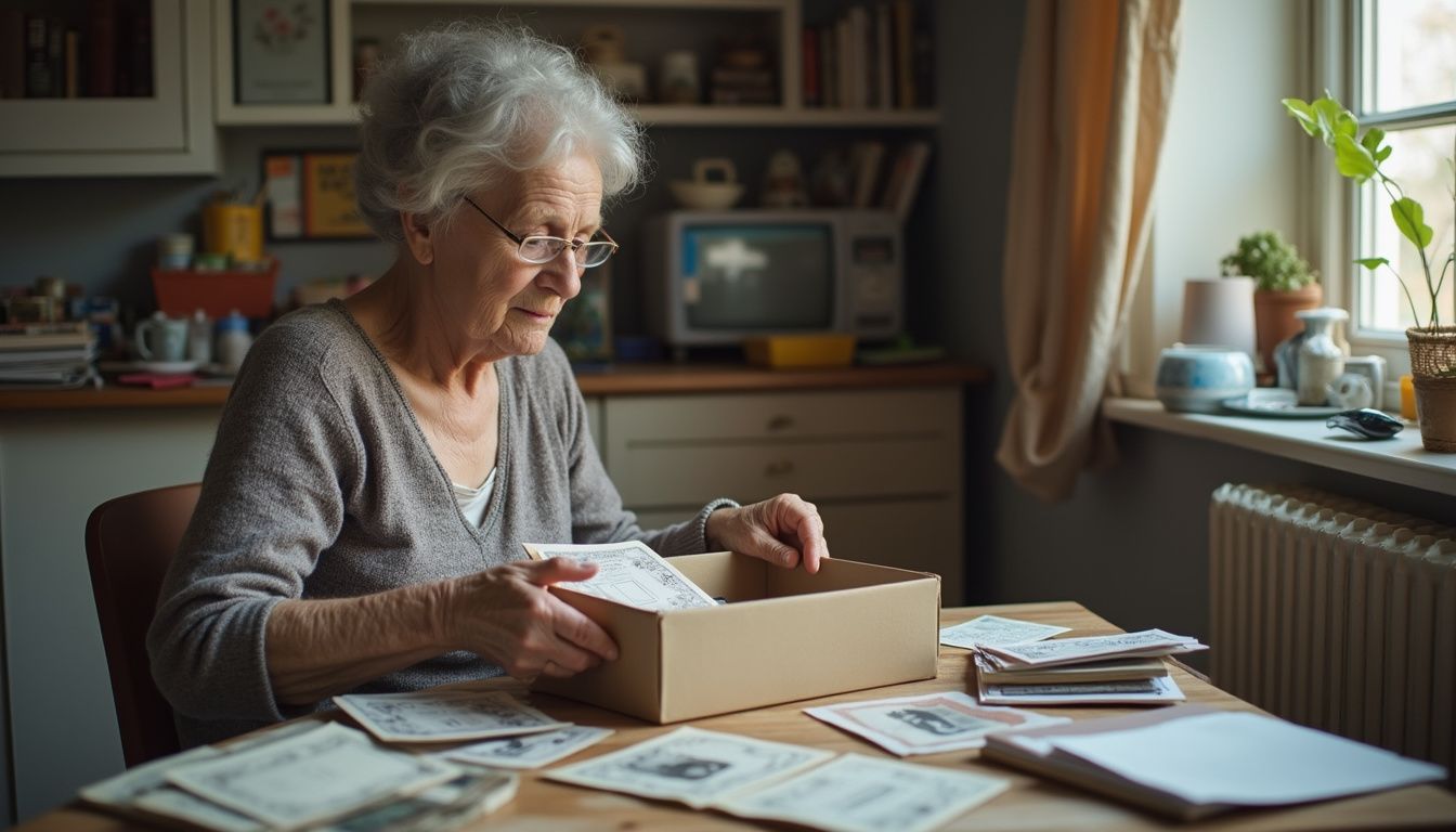 An elderly woman sorts through family photos and birth certificates at a cluttered table in her home. Old woman sorting papers and photographs at home, organizing memories and memorabilia, cozy kitchen interior, natural light from window, vintage countertop and plants.