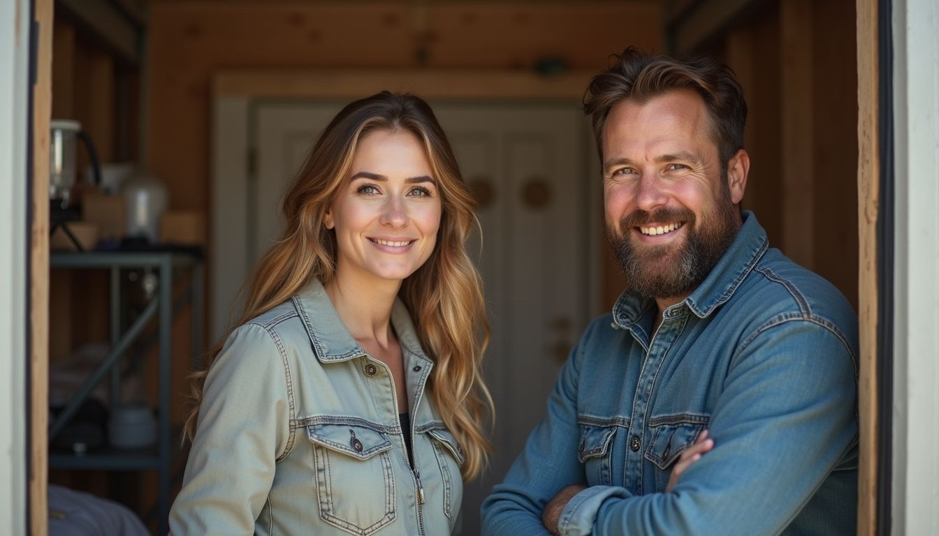 A man and woman casually inspect their storage unit, ensuring their belongings are protected from temperature and pests. Smiling couple standing in doorway in casual denim jackets at home.