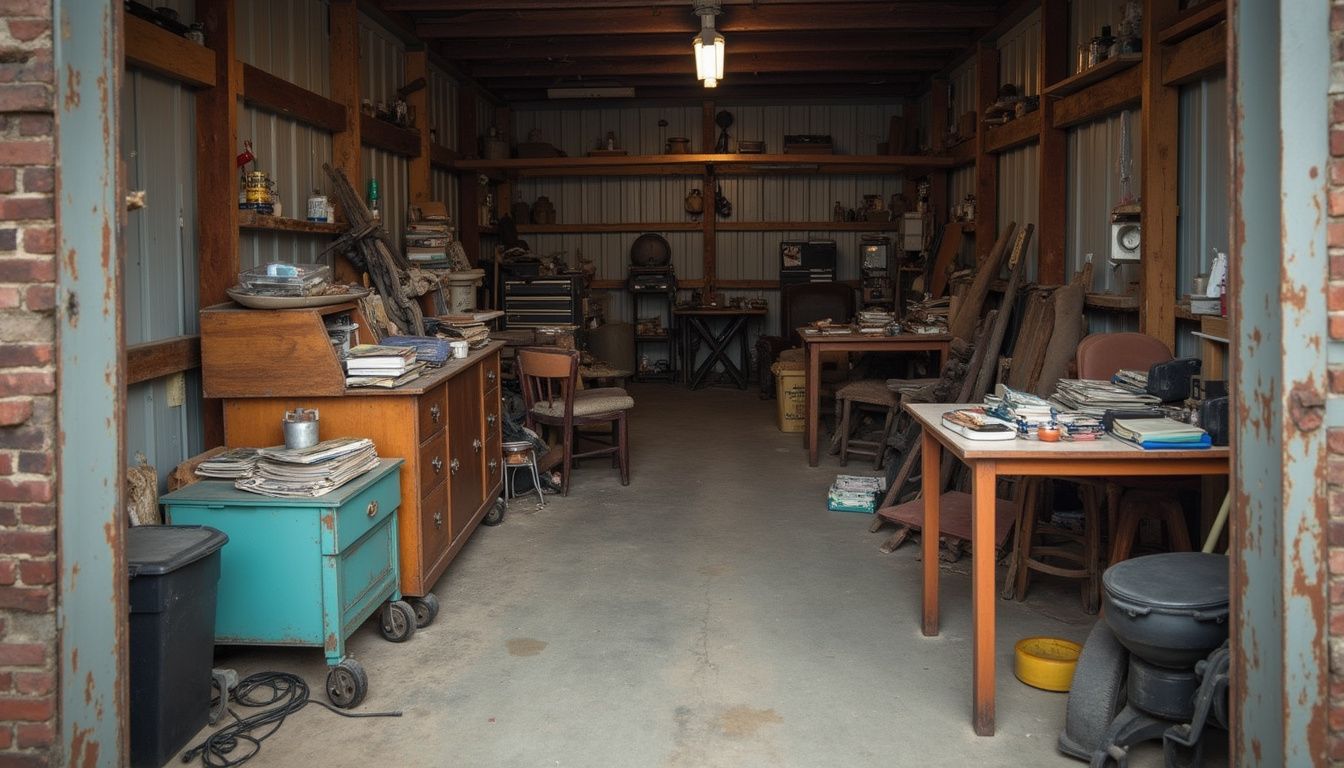 A cluttered storage unit contains vintage comics, worn furniture, scattered tools, and everyday electronics, reflecting a lived-in space. Disorganized garage filled with clutter, furniture, and stacked papers, showcasing a dusty, storage space with wooden shelves, a workbench, and various household items.