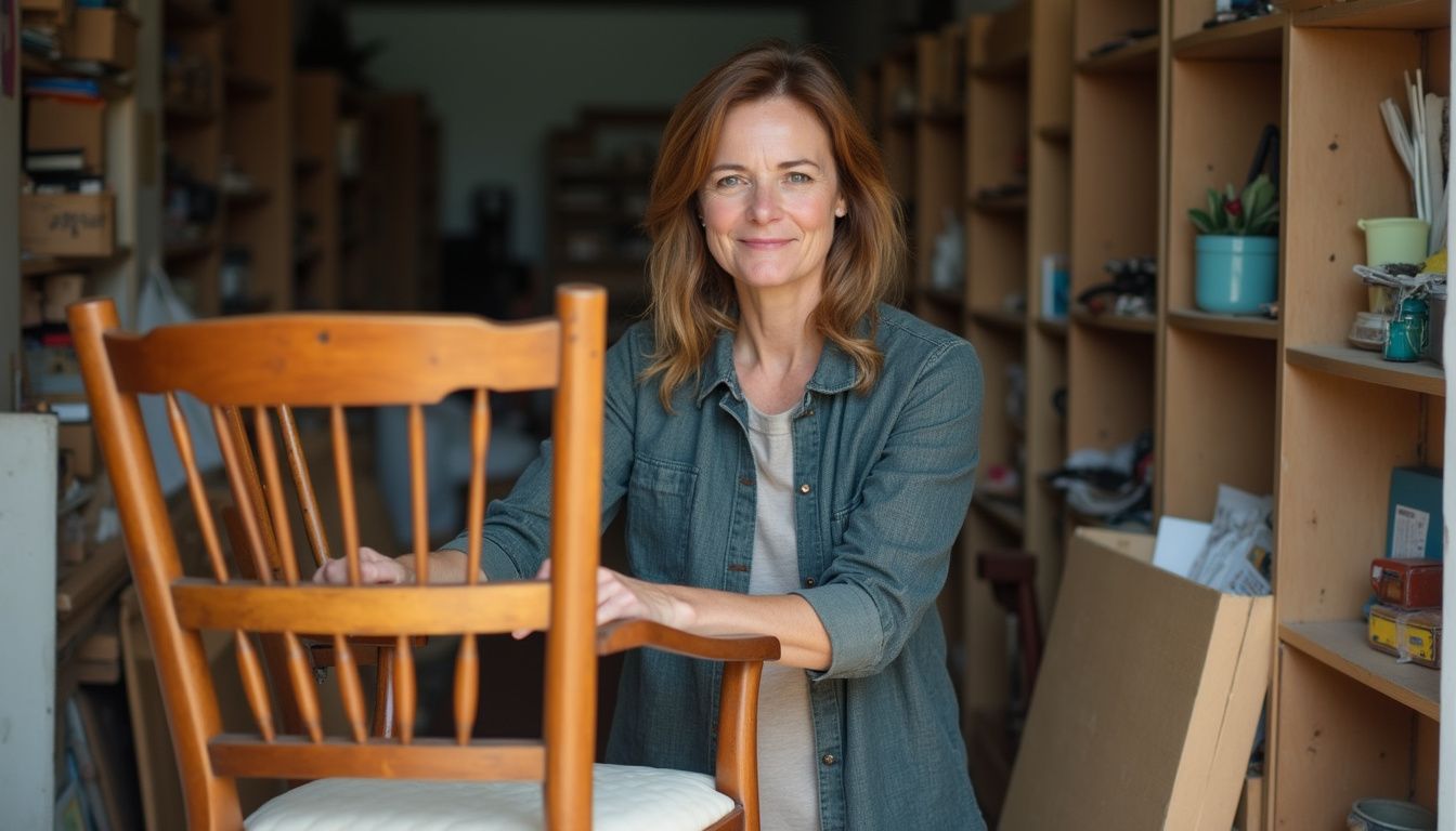 A woman in her 40s organizes wooden chairs and bookcases in a cluttered storage unit. Autumn Walnut Wooden Chair in Workshop with Woman Smiling.