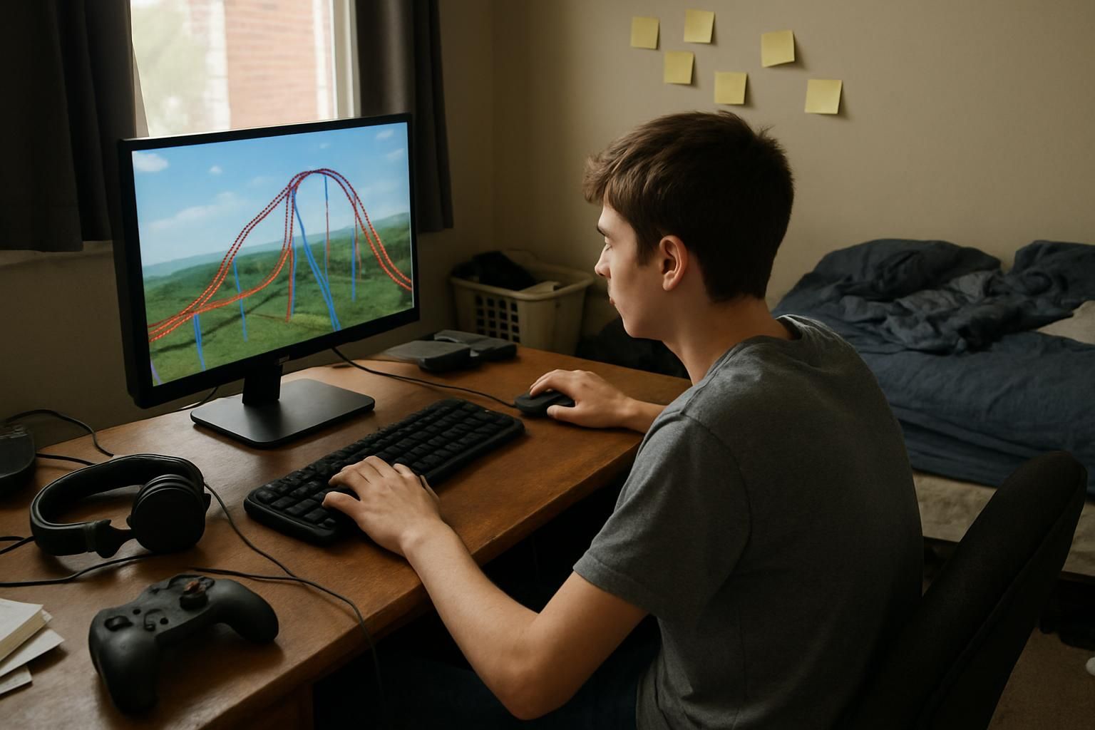 A teenage boy is focused on building a virtual roller coaster at his cluttered bedroom desk. High school student playing roller coaster simulation game on desktop computer in bedroom, focusing on gaming and tech setup.