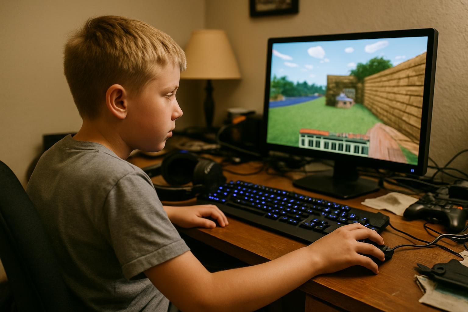 A 10-year-old kid is casually playing Minecraft at a cluttered computer desk. Young boy gaming on computer with Minecraft game on screen.