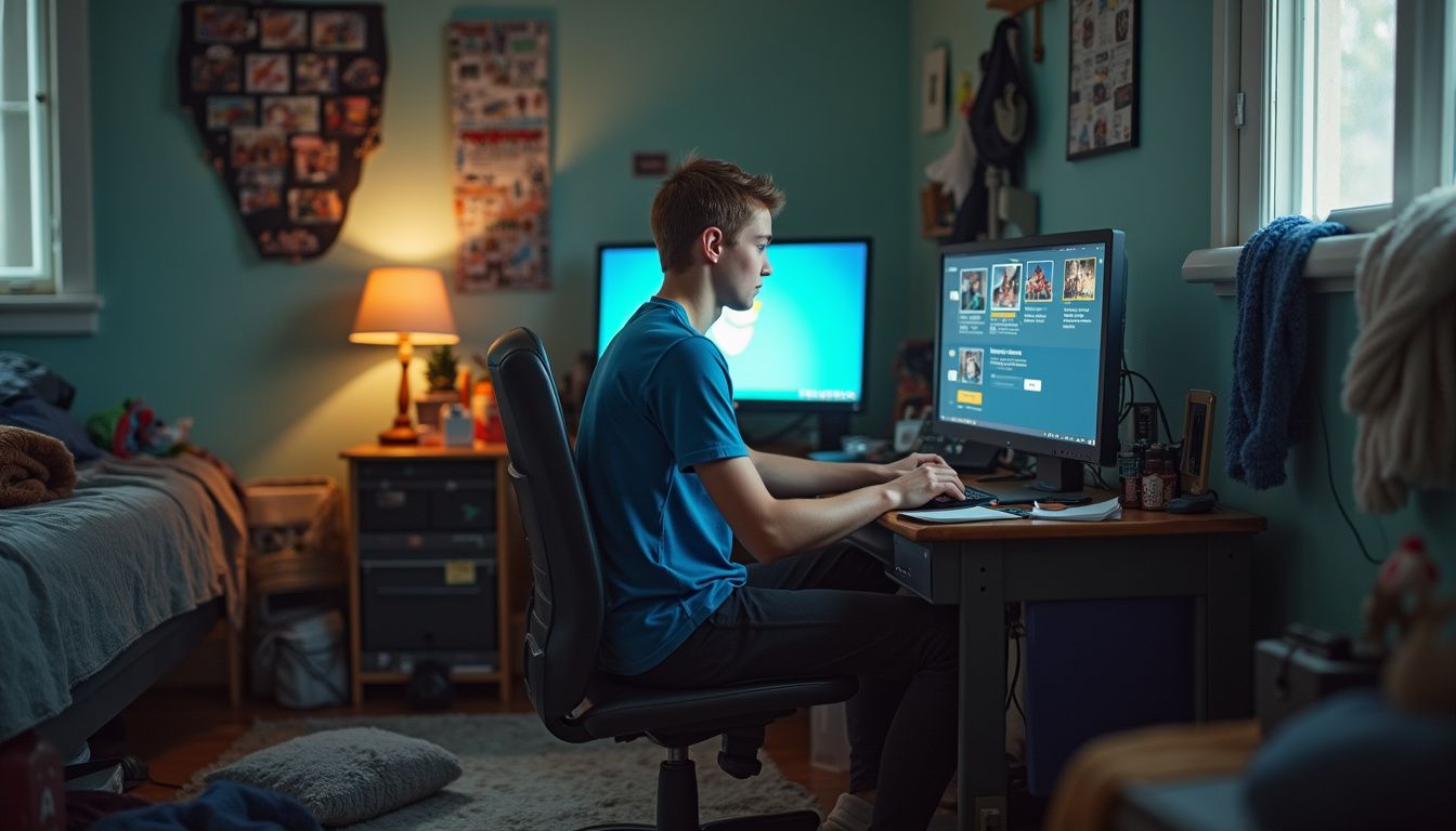 A teenage boy is intently buying Robux in his messy bedroom filled with scattered clothes and belongings. Gal gaming setup with a teenage boy focused on the computer screen, featuring dual monitors, illuminated by ambient lighting in a cozy, cluttered bedroom.