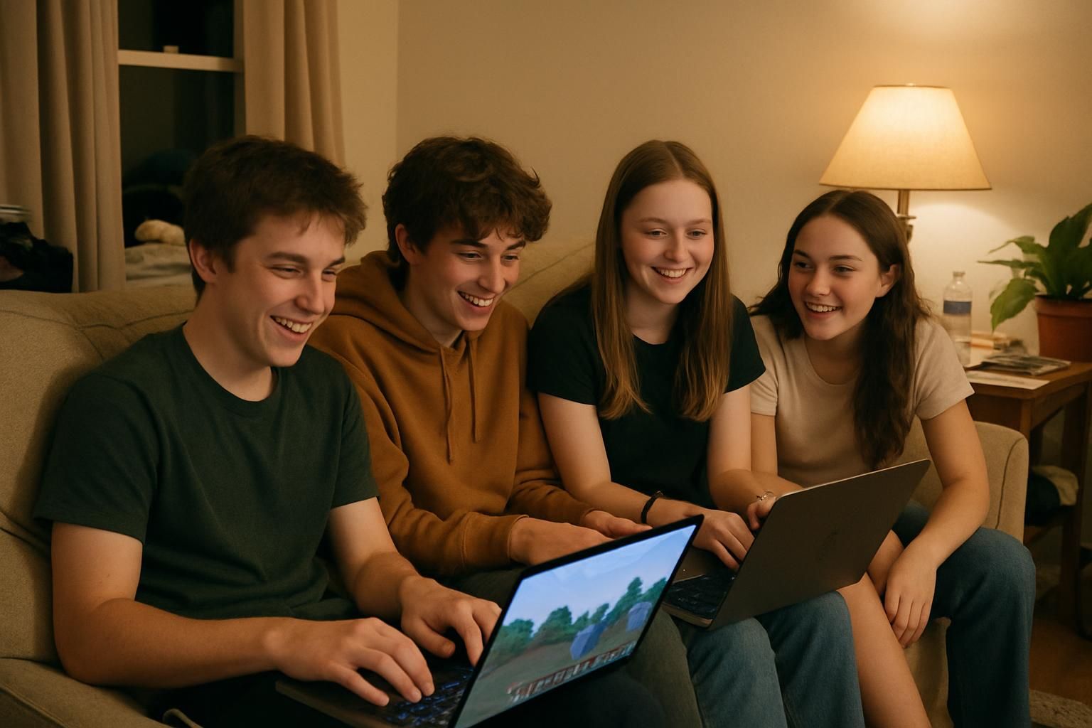 A group of teenagers enjoys a casual hangout, playing Minecraft and sharing laughter in a cozy living room. Laptop users enjoying gaming and socializing at home, cozy living room scene with friends sharing fun moments on portable gaming laptops.