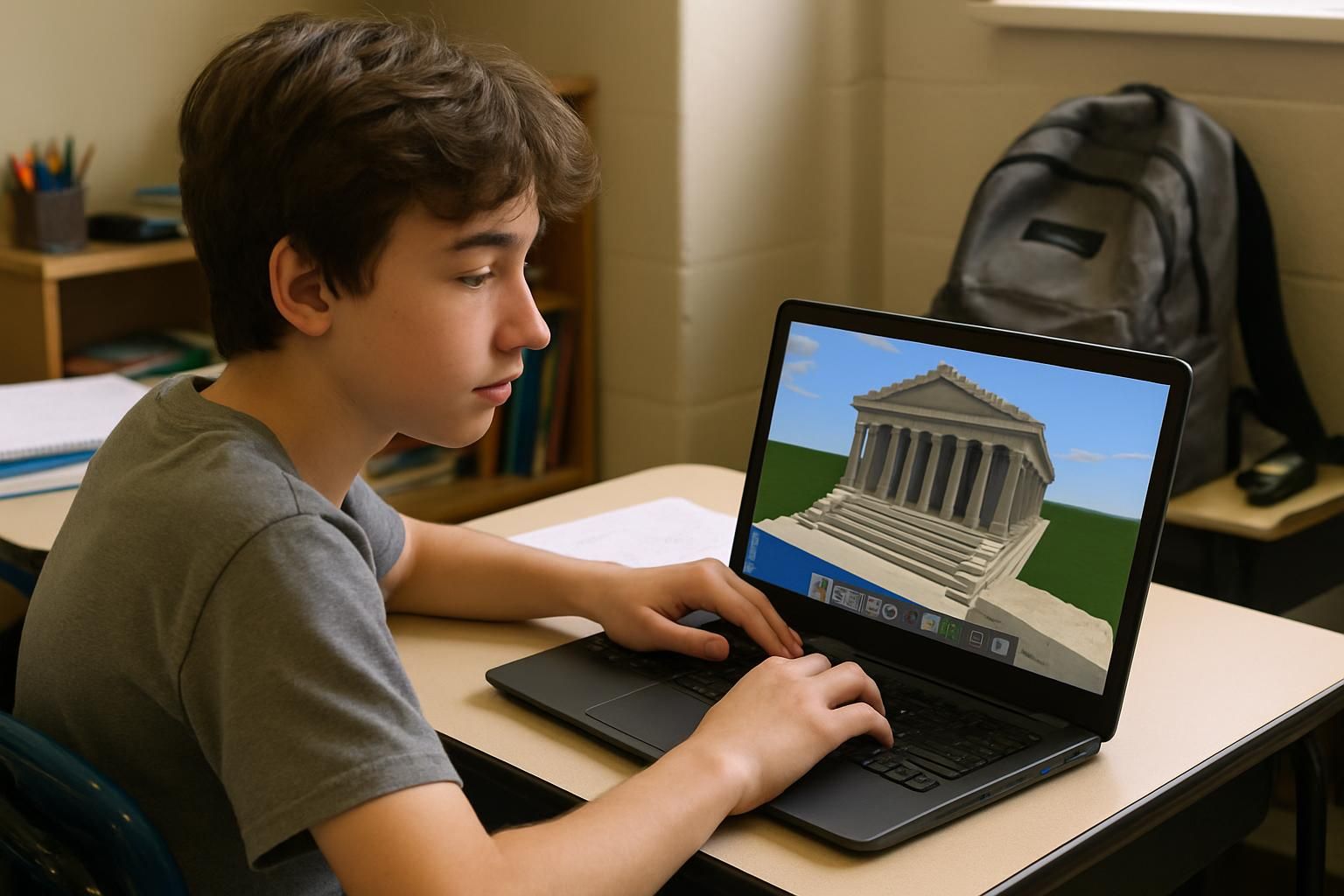 A middle school student casually builds a historical monument in Minecraft Education Edition at their desk, surrounded by school supplies. 3. Boy working on a laptop with digital 3D model of a Greek temple, educational technology, STEM learning, architecture design, virtual learning environment.