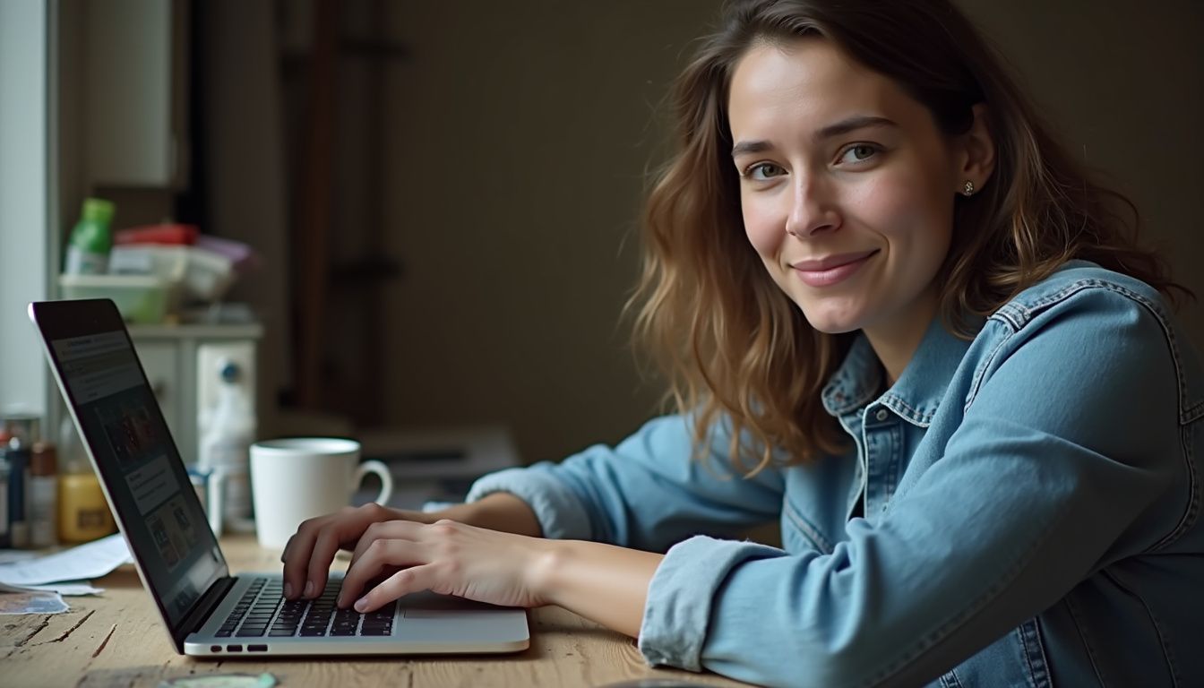 A woman in her thirties is focused on her laptop at a cluttered table, immersed in work or browsing. A woman in her thirties is focused on her laptop at a cluttered table, immersed in work or browsing.