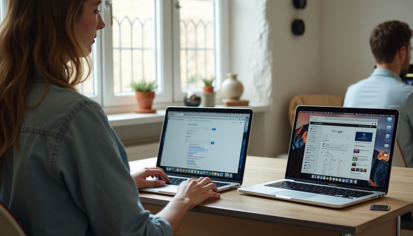 A relaxed woman in her late 20s sits at a desk with two laptops displaying different search pages. A relaxed woman in her late 20s sits at a desk with two laptops displaying different search pages.