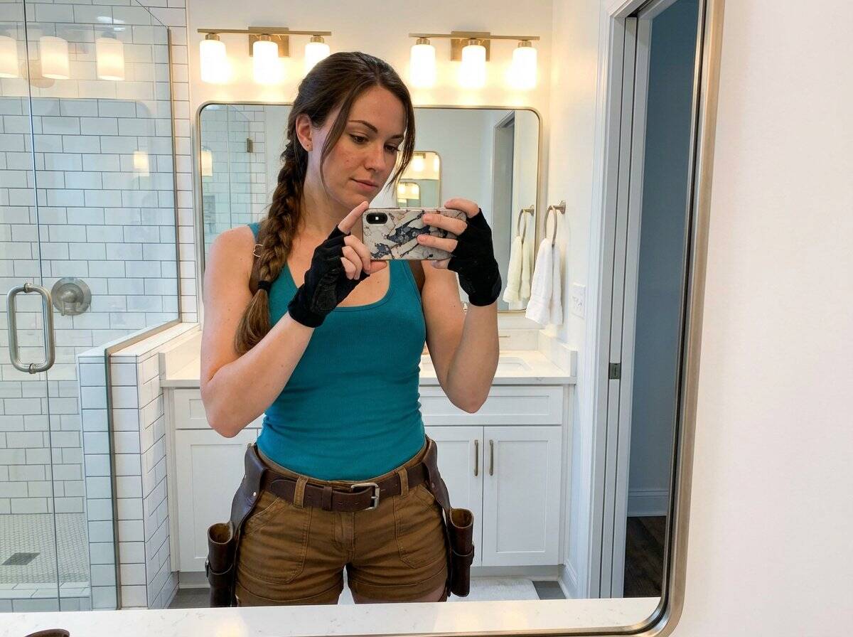 A woman in her 20s dressed as Lara Croft poses confidently in a jungle. A young woman with long braided hair taking a mirror selfie in a modern bathroom, wearing work gloves, blue tank top, and brown work pants with tool belt, showcasing a casual yet professional look for construction work.
