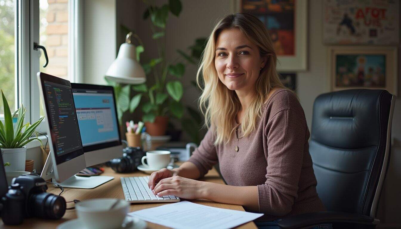 A woman in her 30s works in a cluttered home office, surrounded by computers and papers. Young woman working on a desktop computer at her home office, surrounded by plants, cameras, and art, demonstrating a modern workspace environment.