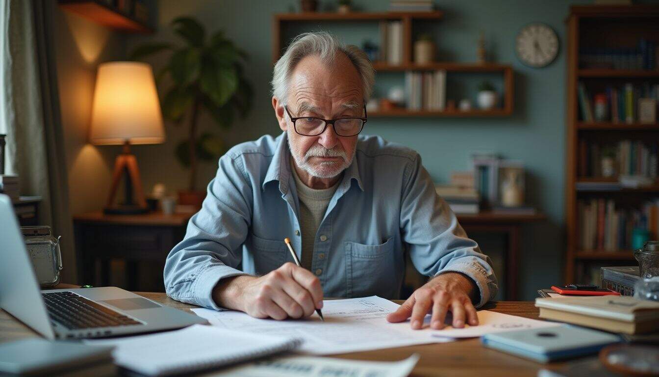 A middle-aged man reviews his investments at a cluttered home desk, looking tired and focused. Business professional older man working on documents at home office, focusing on paperwork and planning, demonstrating productivity and organization for optimal work-from-home setup.