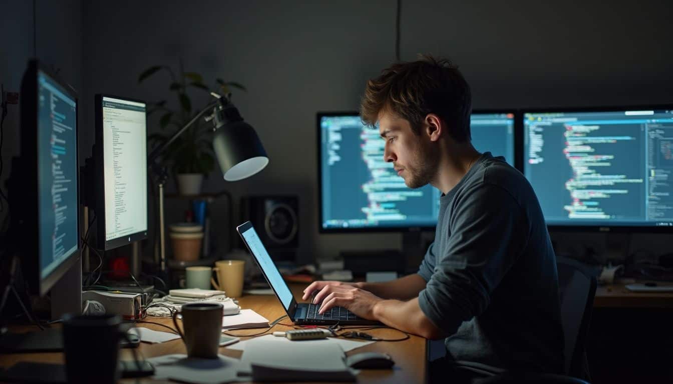 A man works late at his messy desk, surrounded by papers and coffee mugs, focused on his laptop. High-tech programming workspace with multiple monitors displaying code, young developer focused on laptop, modern computer setup for software development and tech innovation, GeekExtreme style.