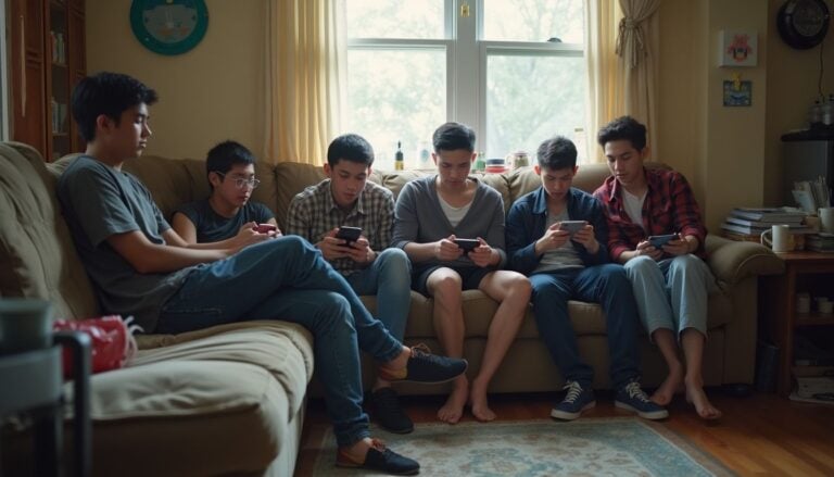Kids using smartphones on a cozy living room couch during daytime, family entertainment, modern technology, digital communication, casual home scene.