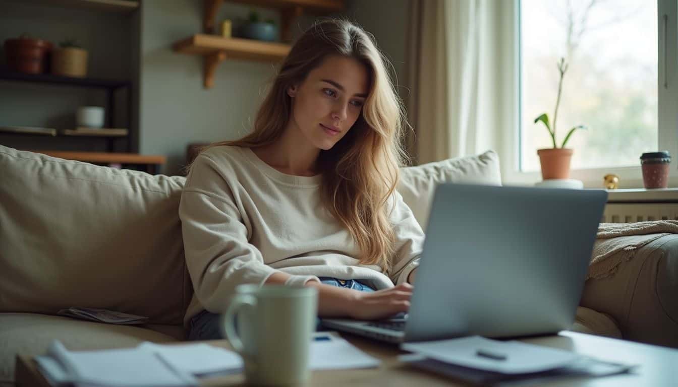 A woman in her late 20s sits casually on a couch, focused on her laptop amid a cluttered living room. Relaxed woman working on a laptop at home with natural daylight.