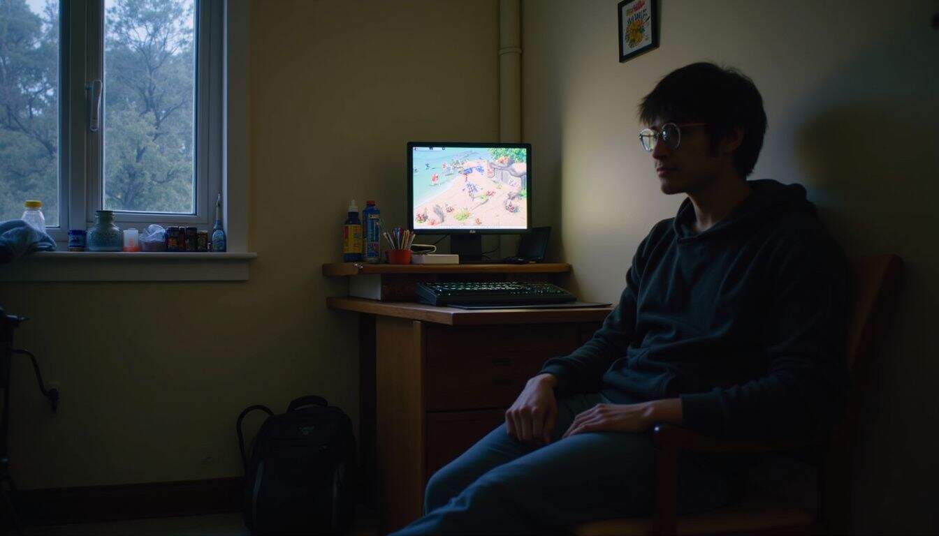 A person enjoys a colorful game on a computer in a cozy, lived-in room filled with everyday items. Young man sitting in a bedroom with gaming computer and snacks, focused on screen.