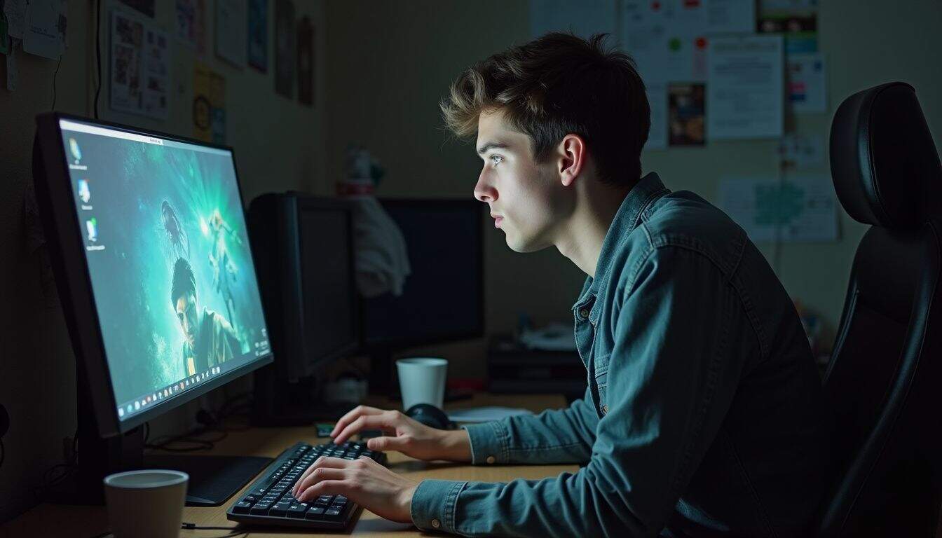 A young man in a dim, cluttered room is intensely focused on his computer during a late-night gaming session. Young male gamer focused playing computer games at night in a dimly lit room with multiple monitors, gaming setup, and a focused expression, illustrating gaming, technology, and entertainment.