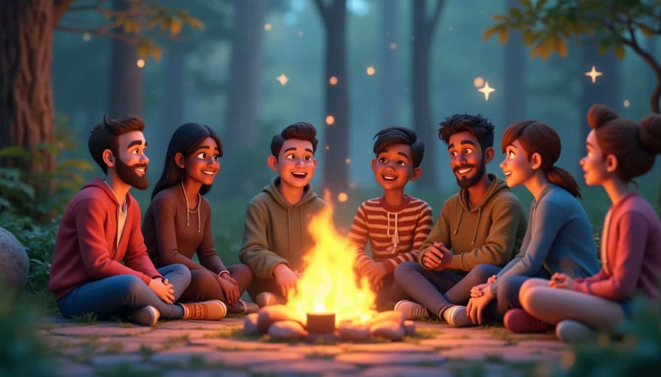 A group of virtual avatars casually gathers around a digital campfire in a vibrant fantasy forest setting. Enchanting group of diverse friends gathered around a campfire in a magical forest scene, animated style, cozy evening, warm glow, friendship, adventure, storytelling, nature, outdoor activity, animated cartoon, vibrant colors.