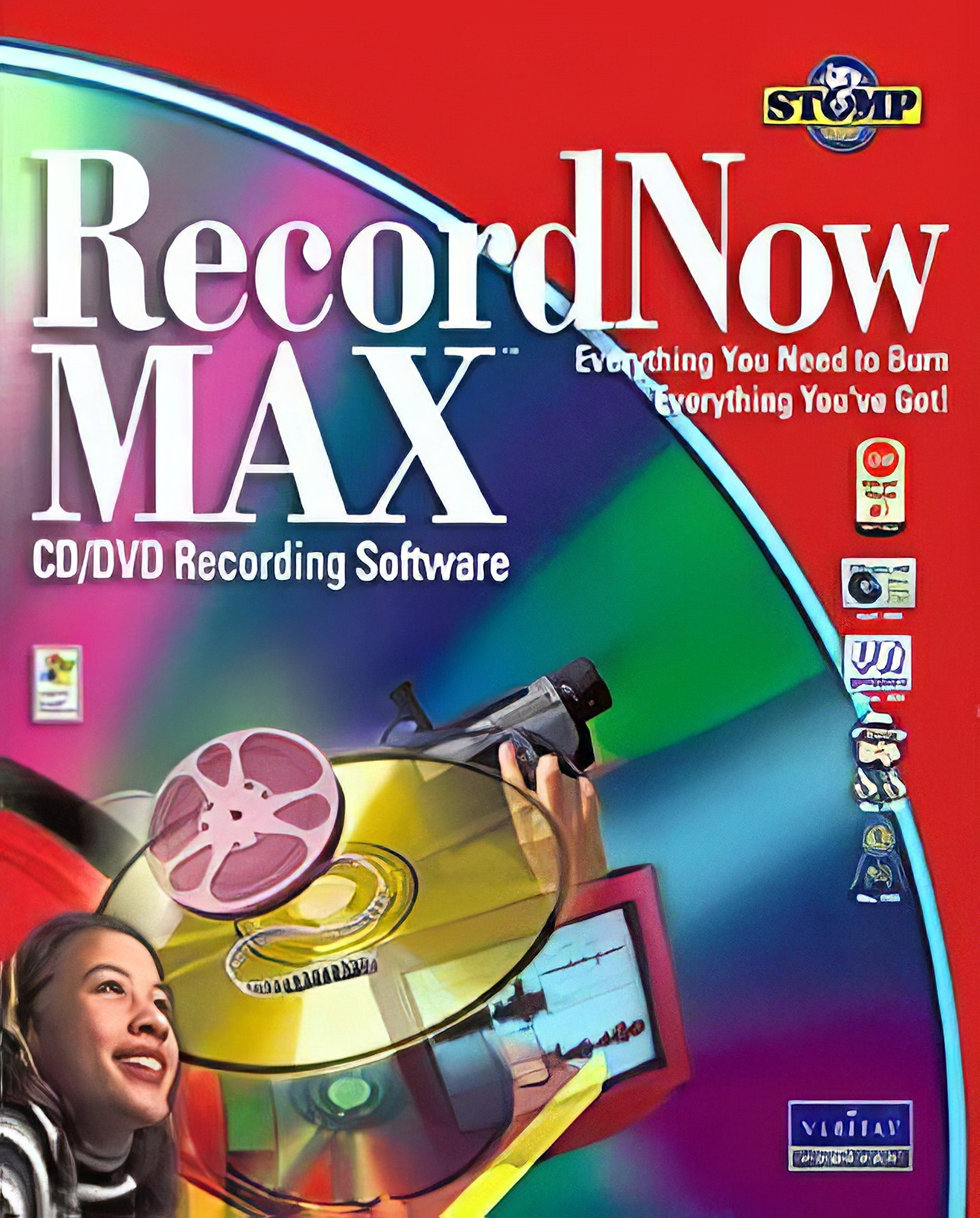 RecordNow Max: 7 Features and Steps for Coaster-Free Burns 3 RecordNow MAX CD/DVD Recording Software with colorful design and quirky elements, ideal for tech enthusiasts and creative professionals. Includes various icons, a woman smiling, and a film reel theme.