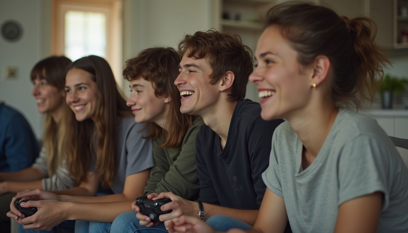 A group of friends casually hangs out, playing a video game and enjoying each other's company in a cozy room. Happy group of young adults playing video games together, enjoying fun and social gaming experience at home.