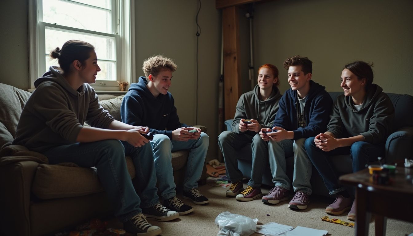 A group of teenagers casually hangs out in a cluttered basement, playing an online game and enjoying each other's company. Playing video games with friends in a cozy living room, diverse group of teenagers enjoying gaming session, casual attire, gaming controllers, natural light from window, relaxed atmosphere, social entertainment, indoor leisure activity, youthful recreation, modern home setting.