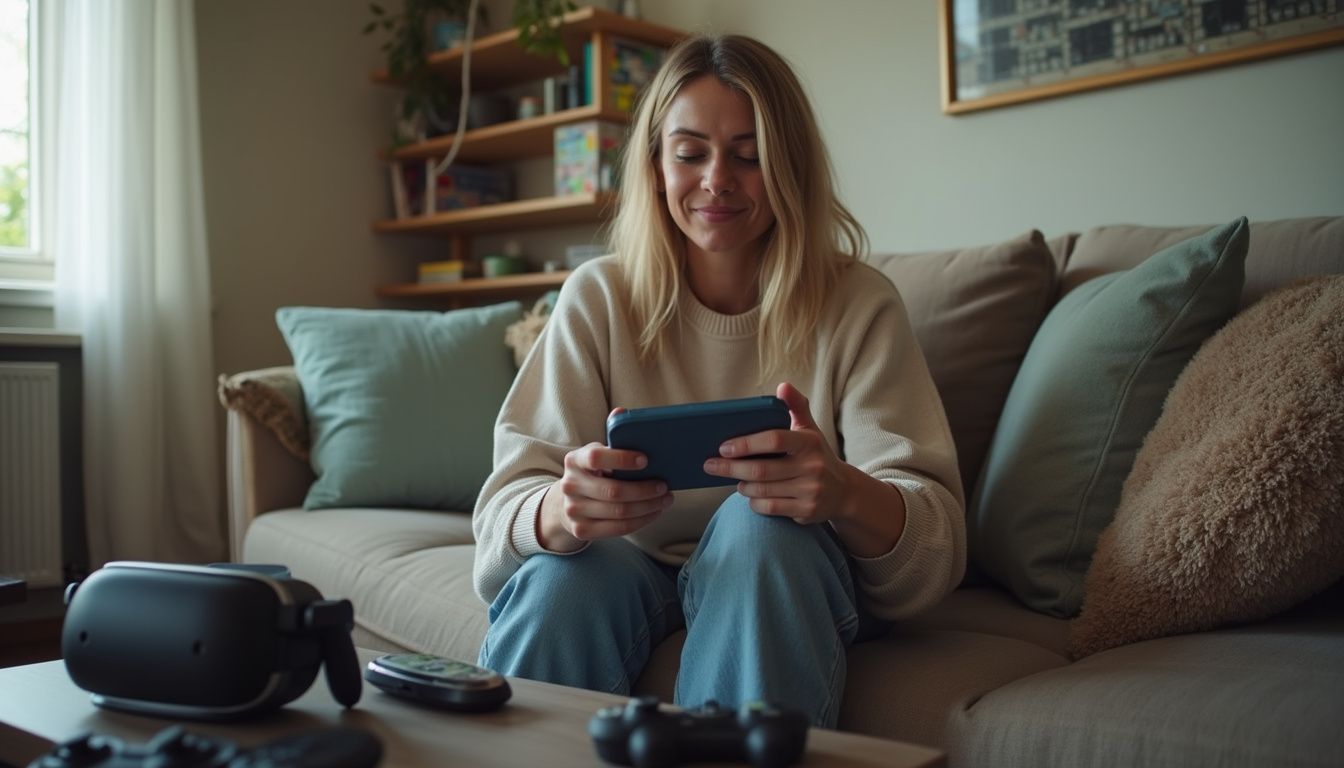 A woman in casual attire relaxes in her living room, playing a video game amidst some gaming gadgets. Portable gaming console and virtual reality headset on coffee table, young woman playing video games at home, cozy living room, casual and relaxed atmosphere, modern tech gadgets, entertainment, gaming lifestyle.