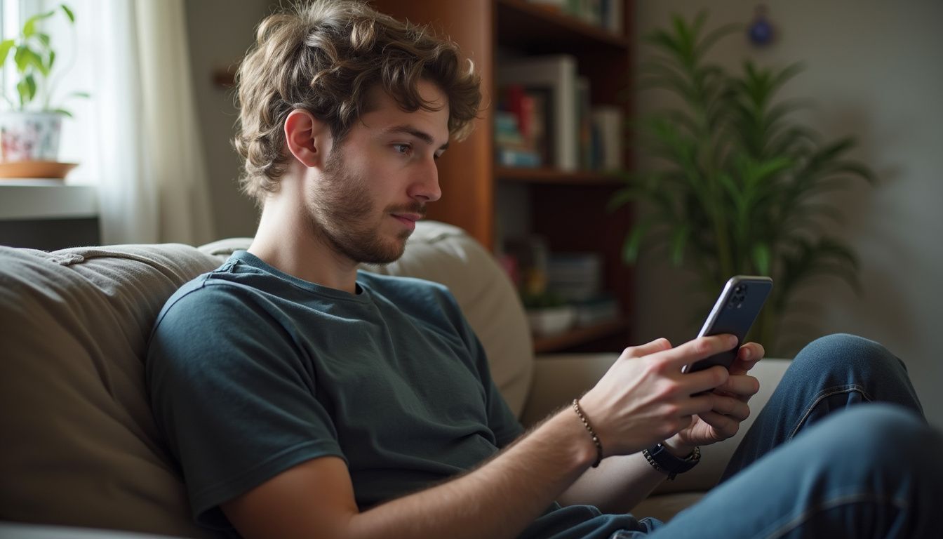 A relaxed young man sits on a couch, focused on his phone while gaming with friends. Boy using smartphone on beige couch in cozy living room.