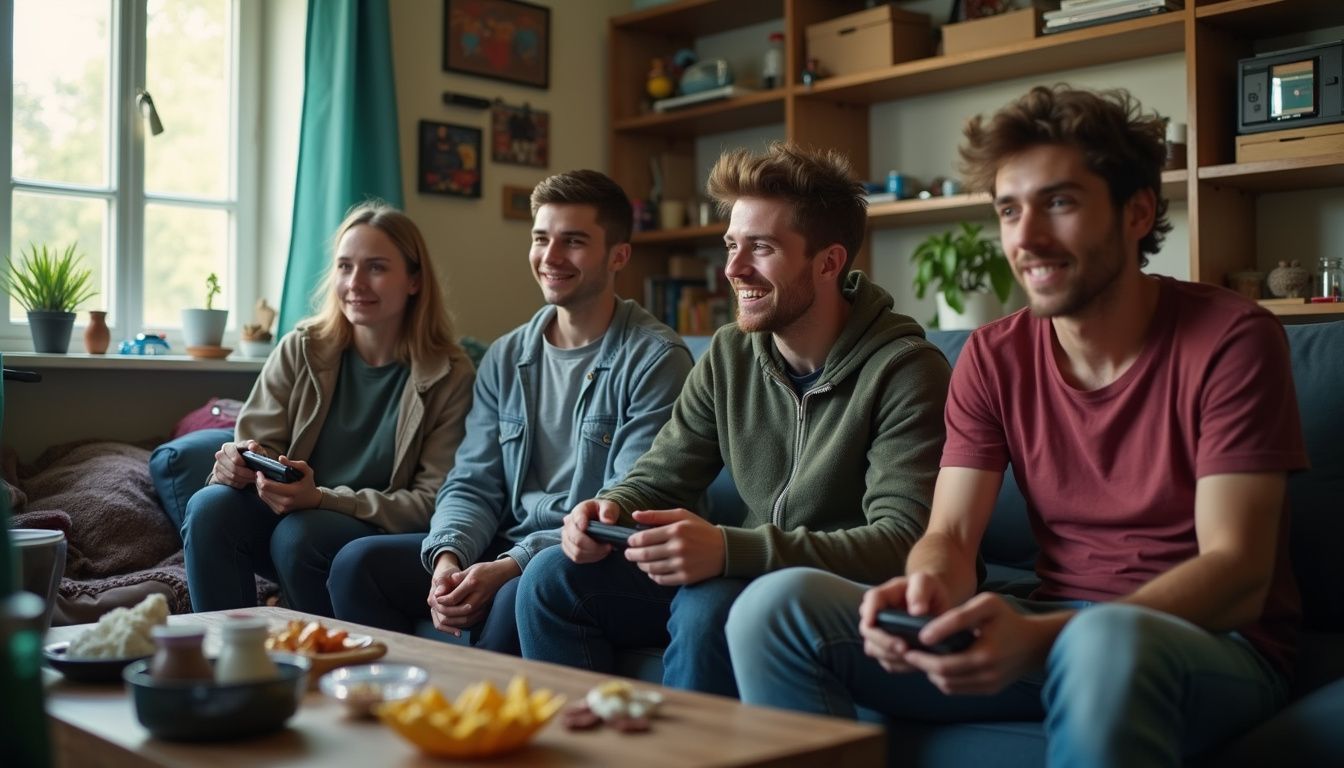 Four friends casually hanging out in a messy living room, playing video games and enjoying snacks together. Group of young adults enjoying gaming session together indoor, sitting on sofa with gaming controllers, smiling, in a cozy living room with shelves, plants, and natural light.