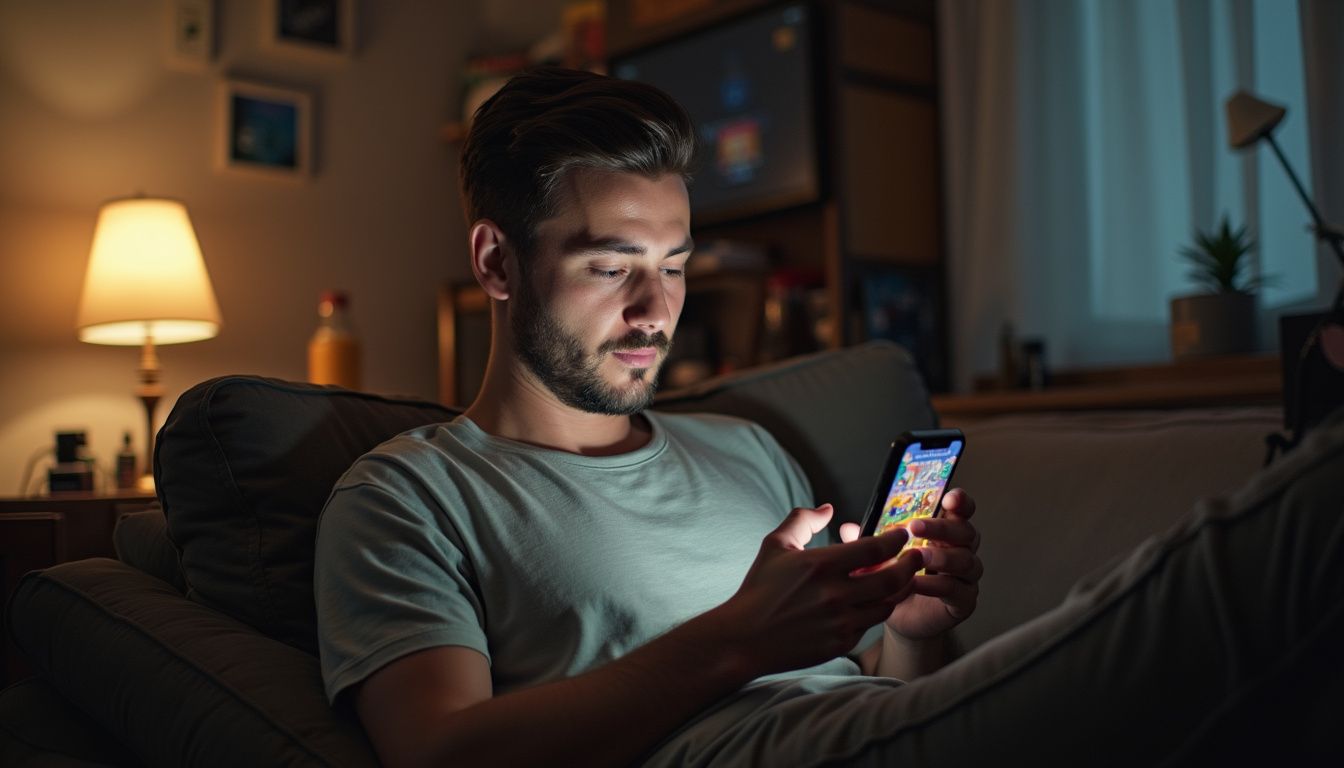A man in his mid-30s casually plays a colorful mobile game on his couch in a cluttered living room. Android gaming enthusiast enjoying a mobile game on a smartphone in a cozy living room at night. The environment features warm lighting, modern decor, and a relaxed atmosphere perfect for gaming sessions.