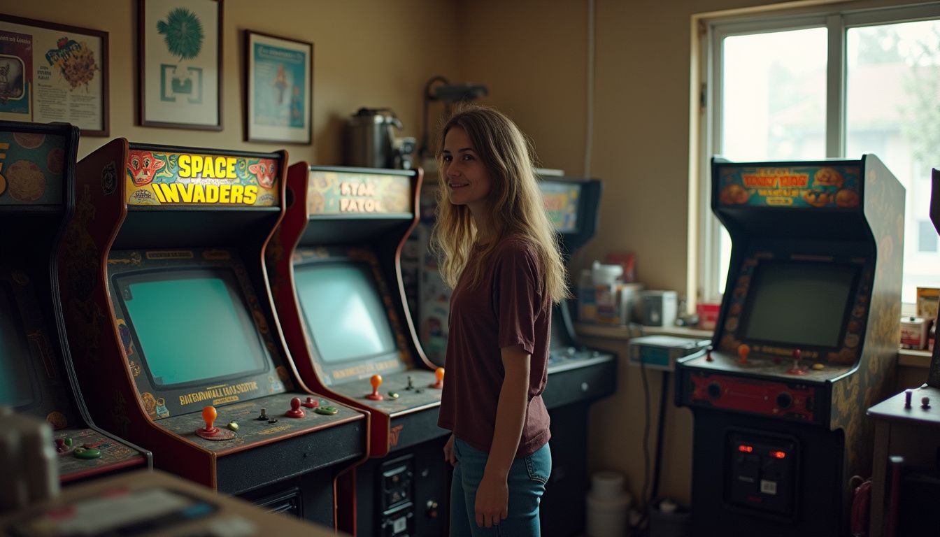 A casual snapshot of a nostalgic arcade room featuring classic game machines and a relaxed person amidst a cluttered setting. Space Invaders arcade game machine displaying retro gaming style, with a woman standing in front in a vintage gaming room setting.