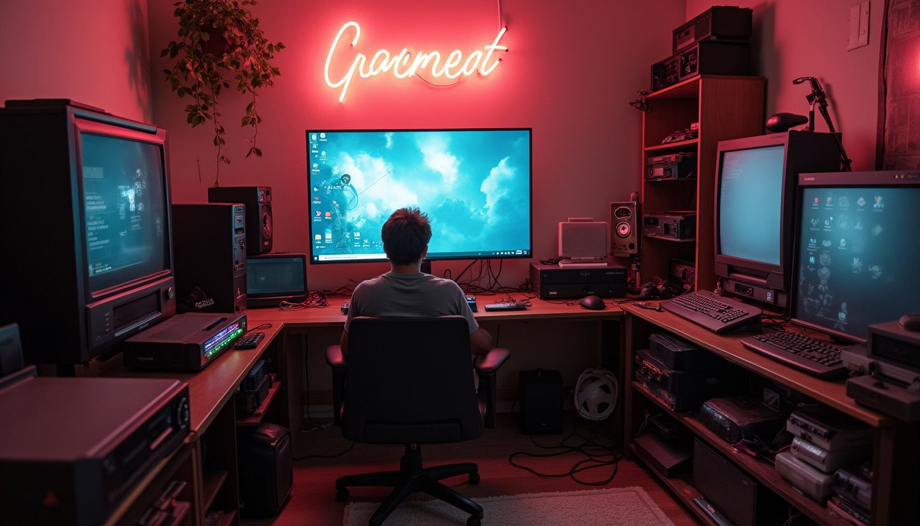 A relaxed person enjoys a lived-in gaming room filled with consoles, cables, and game cases scattered about. Gaming setup with multiple monitors and vintage computers in a dimly lit room with neon decor focus on tech and gaming lifestyle.