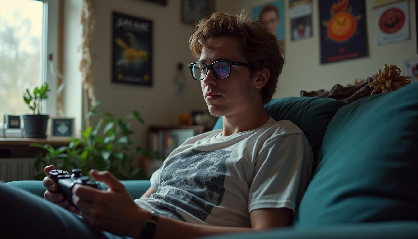 A young man casually plays a sci-fi video game on his console while surrounded by a messy gaming room. Gaming enthusiast playing video games on a console with a controller, focused and relaxed in a cozy living room setting, natural daylight from window, modern decor, gaming memories on wall, casual attire for indoor leisure activities.