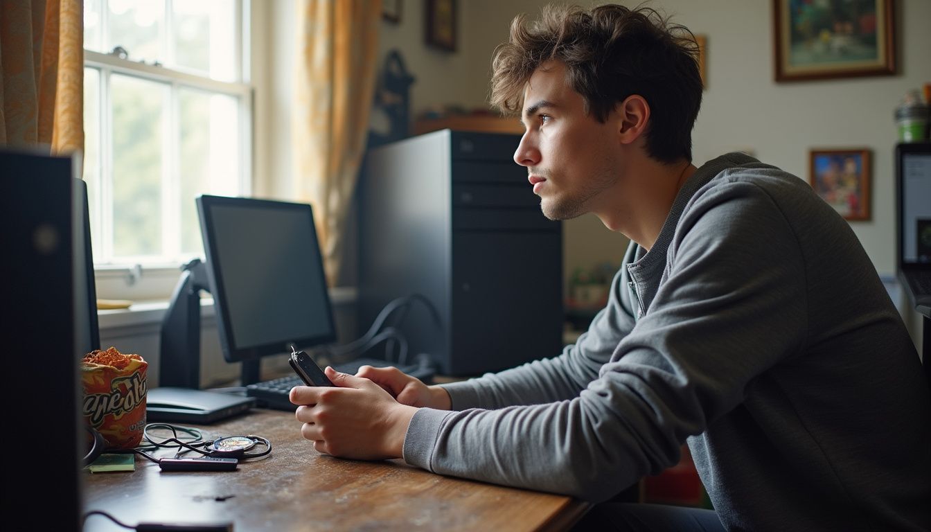 A casual snapshot of a lived-in gaming setup with consoles, PCs, and a relaxed person in the scene. High school student using smartphone at desk with computer monitors and snacks, indoors, focused on technology and gaming.