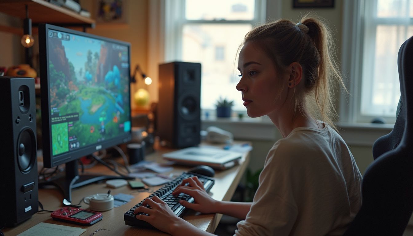 A casual snapshot of a cluttered home office with a person immersed in a multiplayer game. Girl playing video game on desktop computer in a cozy home setup, with large monitor displaying a vibrant game environment, modern speakers, and gaming accessories, creating an engaging gaming experience.