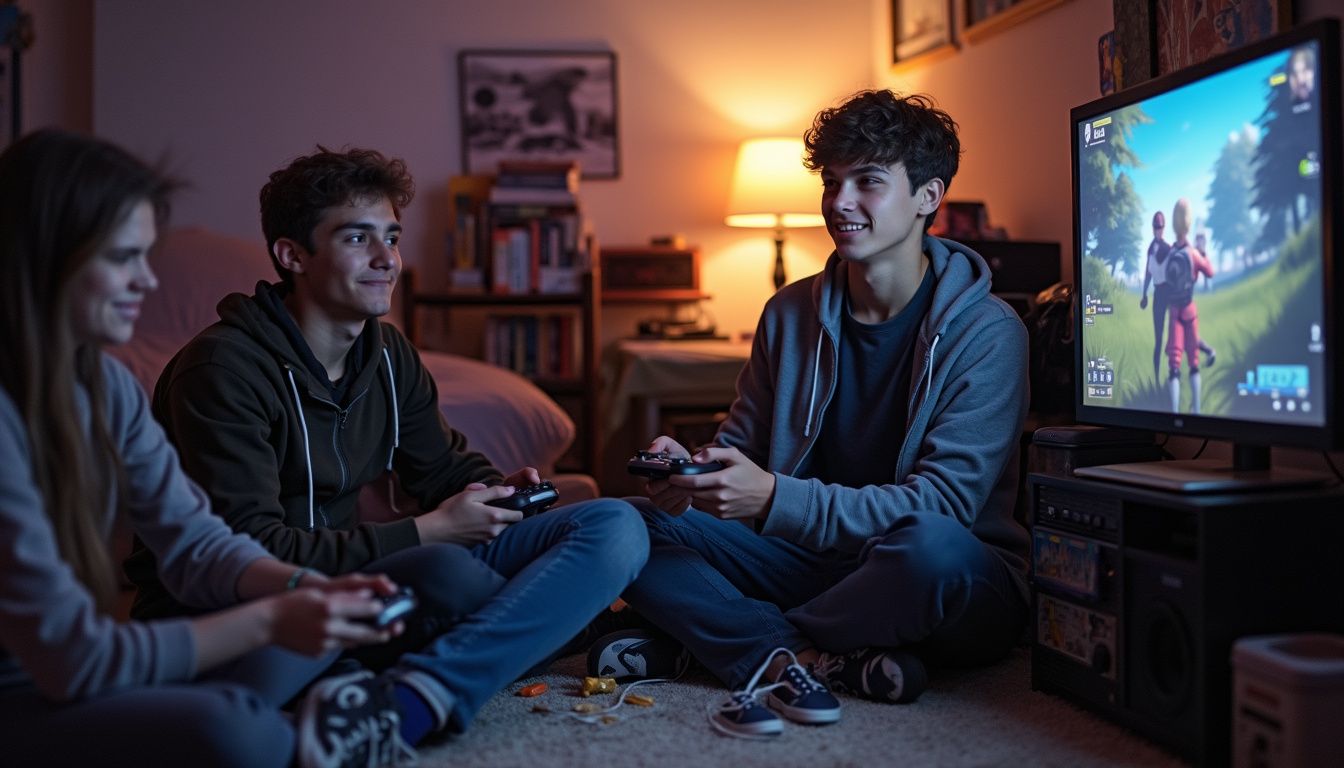 A casual group of teenagers enjoys playing a multiplayer battle royale game together in a messy, lived-in room. Teenagers playing video games together in a cozy living room with gaming consoles and a large flat-screen TV.